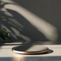 A round object on a table with a plant in the background photo