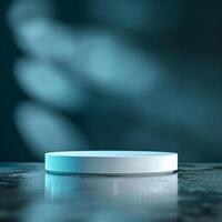 A white round table with a blue light behind it photo