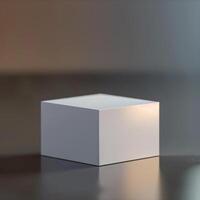 A white cube sitting on a table with a blurred background photo