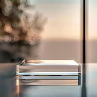 A glass block sitting on a table in front of a window photo