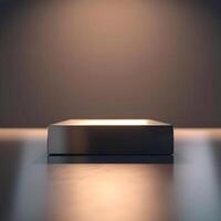 A square box sitting on a table in front of a light photo
