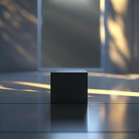 A black cube sitting on a floor in front of a window photo