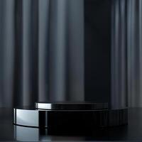 Black podium with a black table in front of a curtain photo