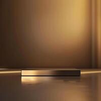 A golden box sitting on a table in front of a wall photo