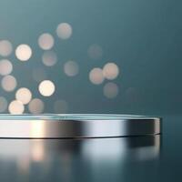 A clock on a table with a blurred background photo