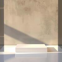An empty white box sitting on a table in front of a wall photo