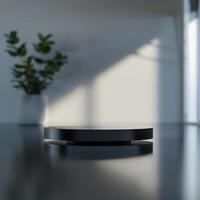 A black object on a table in front of a window photo