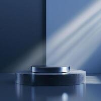 A podium in front of a blue wall with light shining on it photo