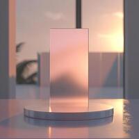 A glass cube on a table in front of a window photo