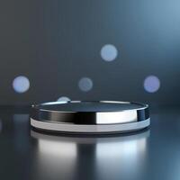 A round silver object on a table with a light photo