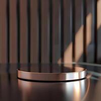 A round table with a black surface and a light shining on it photo