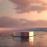 An empty metal object on a table in front of a sunset photo