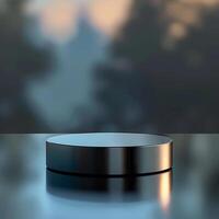 A round metal object on a table with a blurred background photo