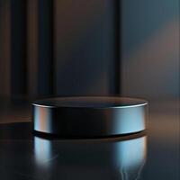 A black round object on a table in front of a dark background photo