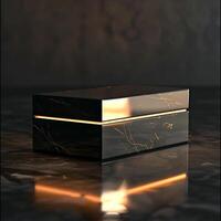 A black box with gold trim sitting on a table photo
