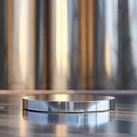 A silver round object on a table in front of a wall photo