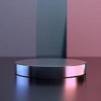 A round metal object on a table in front of a colorful background photo