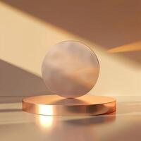 A round object on a pedestal in front of a light photo