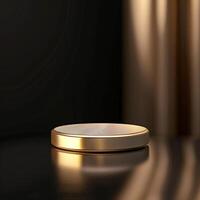 A gold object on a table with a curtain in the background photo