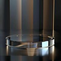 A glass table with a silver surface on a dark background photo