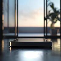 An empty black box sitting on a table in front of a window photo