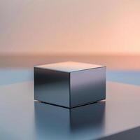 A cube sitting on top of a table with a sunset in the background photo