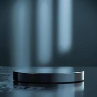 An empty black round table on a table with a light photo