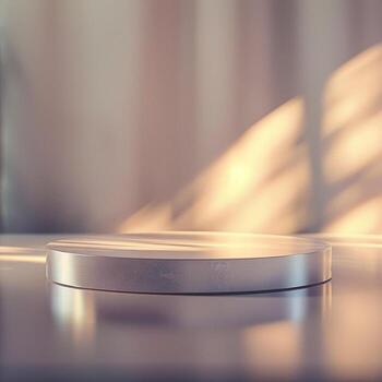 A white round table with a light shining on it photo