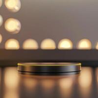 An amazon echo dot on a table in front of a wall of lights photo