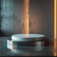 A white round table on a table in front of a wall photo