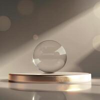A glass ball on a stand in front of a light photo