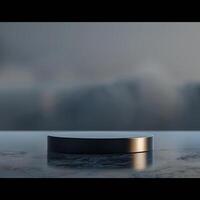A black table with a mountain in the background photo