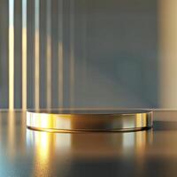 A golden round table with a light shining on it photo