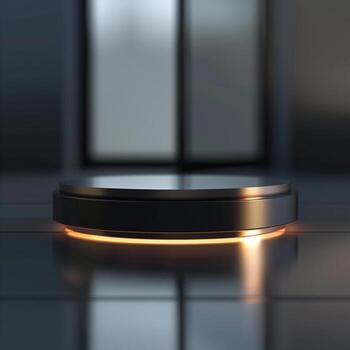 A black circular object on a table in front of a window photo