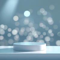 An empty pedestal on a table with a light background photo