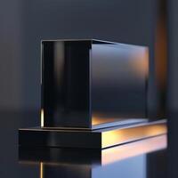 A glass cube on a table with a reflection photo