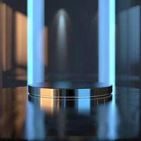 An empty podium in a dark room with lights photo