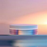 A white round object on a table with a sunset in the background photo