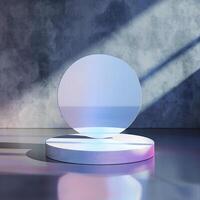 A white circular object on a pedestal in front of a wall photo