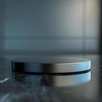 A black circular object on a table photo