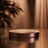 A round object on a table with a plant in the background photo