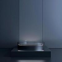 A black pedestal with a circular glass top on it photo