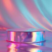 A shiny metal round table with a colorful background photo