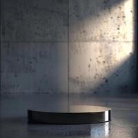 A black round table in front of a wall photo