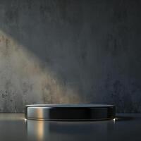 An empty black round table in front of a wall photo