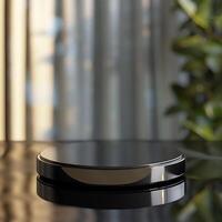 A black circular object sitting on a table photo
