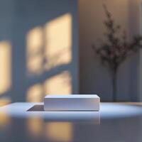 A white box sitting on a table in front of a window photo