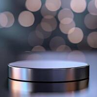 A silver circular object on a table with a blurred background photo