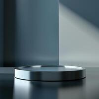 A round metal object on a table in front of a wall photo
