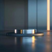 A metal object on a table in a dark room photo